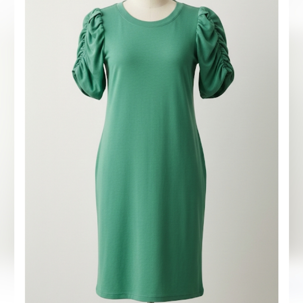 Emerald Green Rouched Sleeves Sheath Dress with Pockets Sz Medium Soft Casual